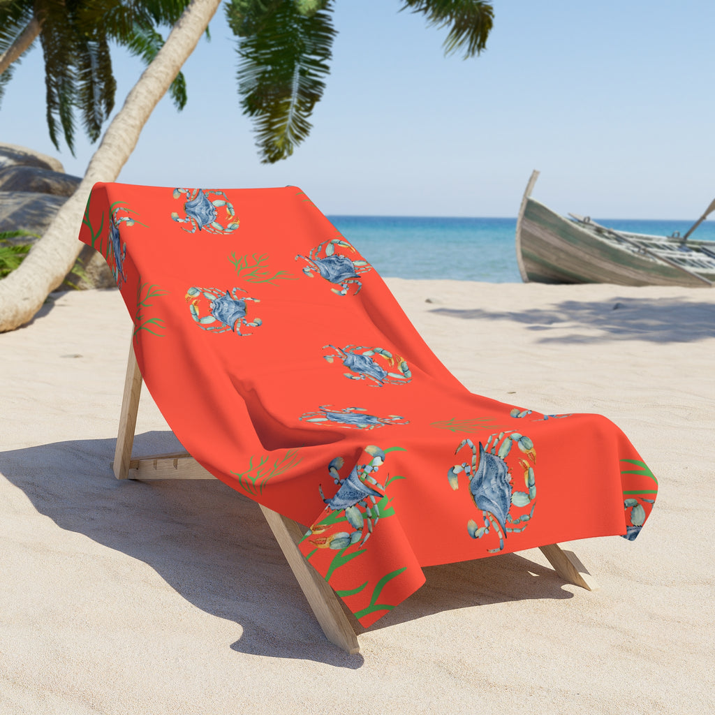 Coral Blue Crab Beach Towel — Nautical Summer Ocean Pattern
