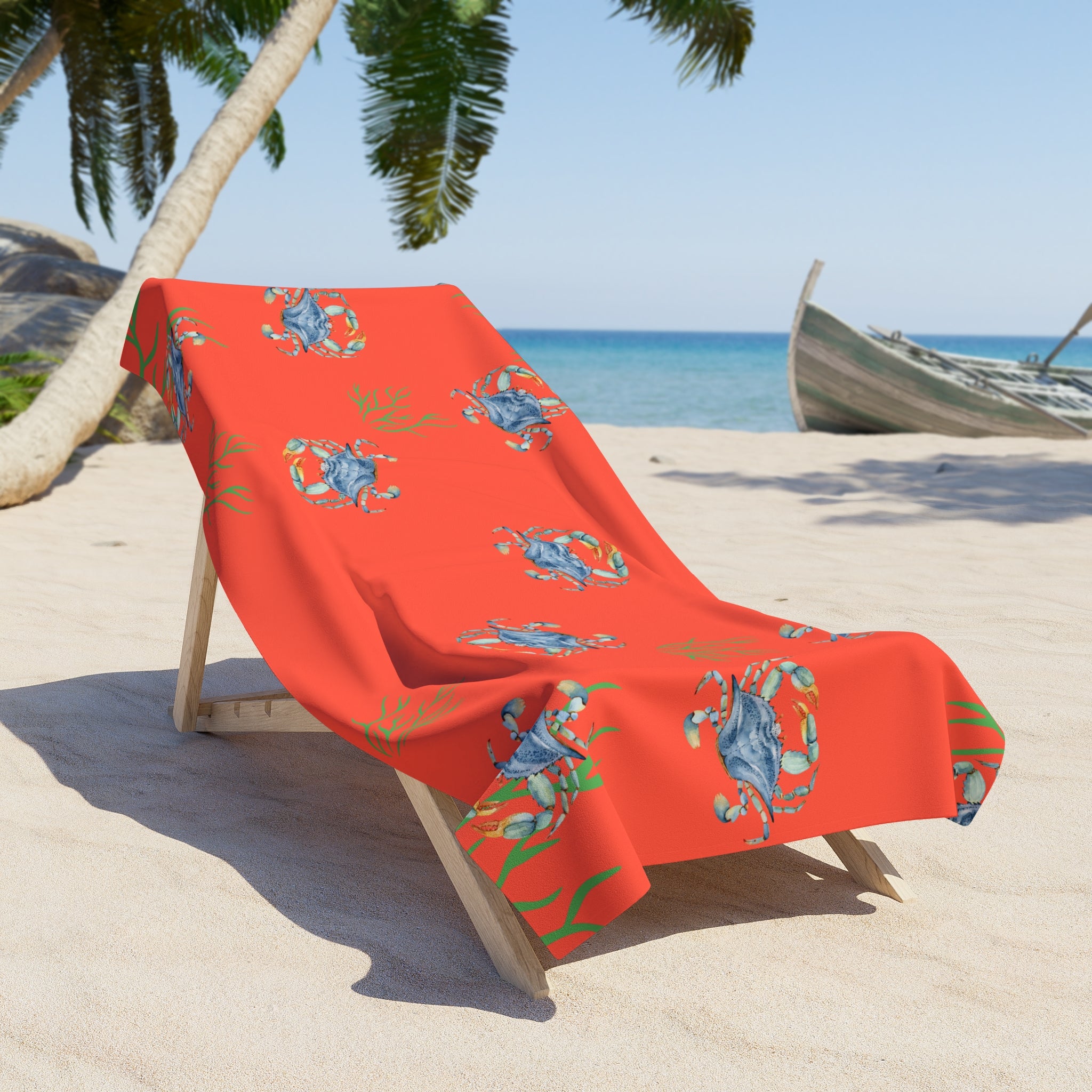 Coral Blue Crab Beach Towel — Nautical Summer Ocean Pattern
