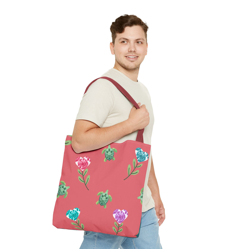 Dual Side Pink and Blue Turtles with Floral Tie Dye Hearts Tote Bag