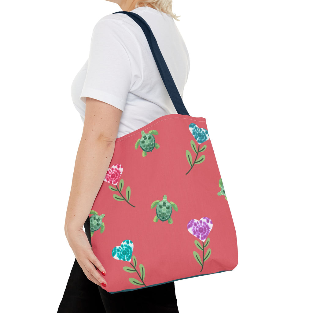 Dual Side Pink and Blue Turtles with Floral Tie Dye Hearts Tote Bag