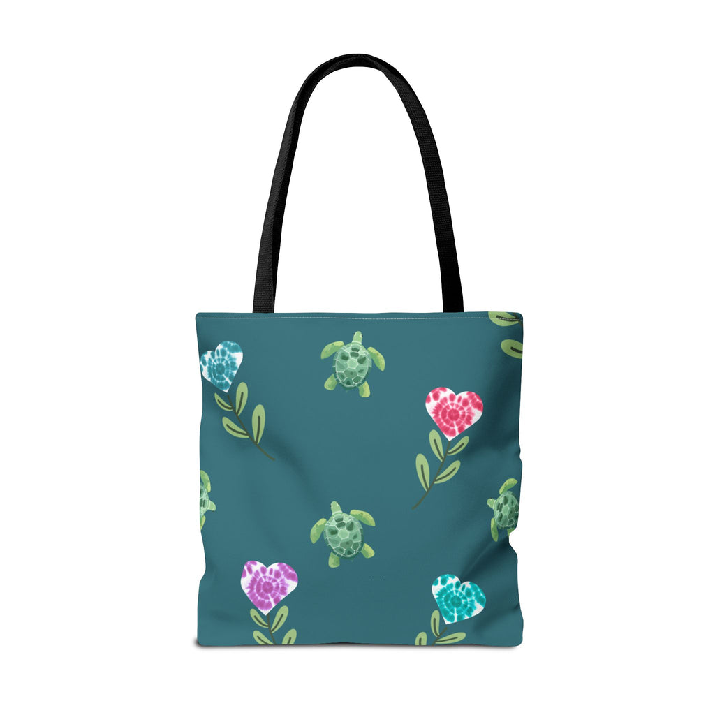 Dual Side Pink and Blue Turtles with Floral Tie Dye Hearts Tote Bag