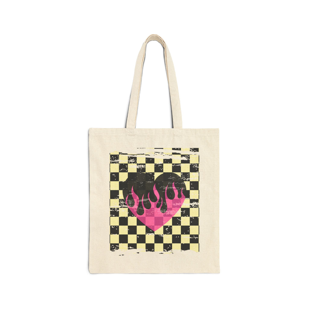 Checkerboard Flame Heart Tote Bag — Retro Pink Grunge Canvas Tote