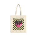 Checkerboard Flame Heart Tote Bag — Retro Pink Grunge Canvas Tote