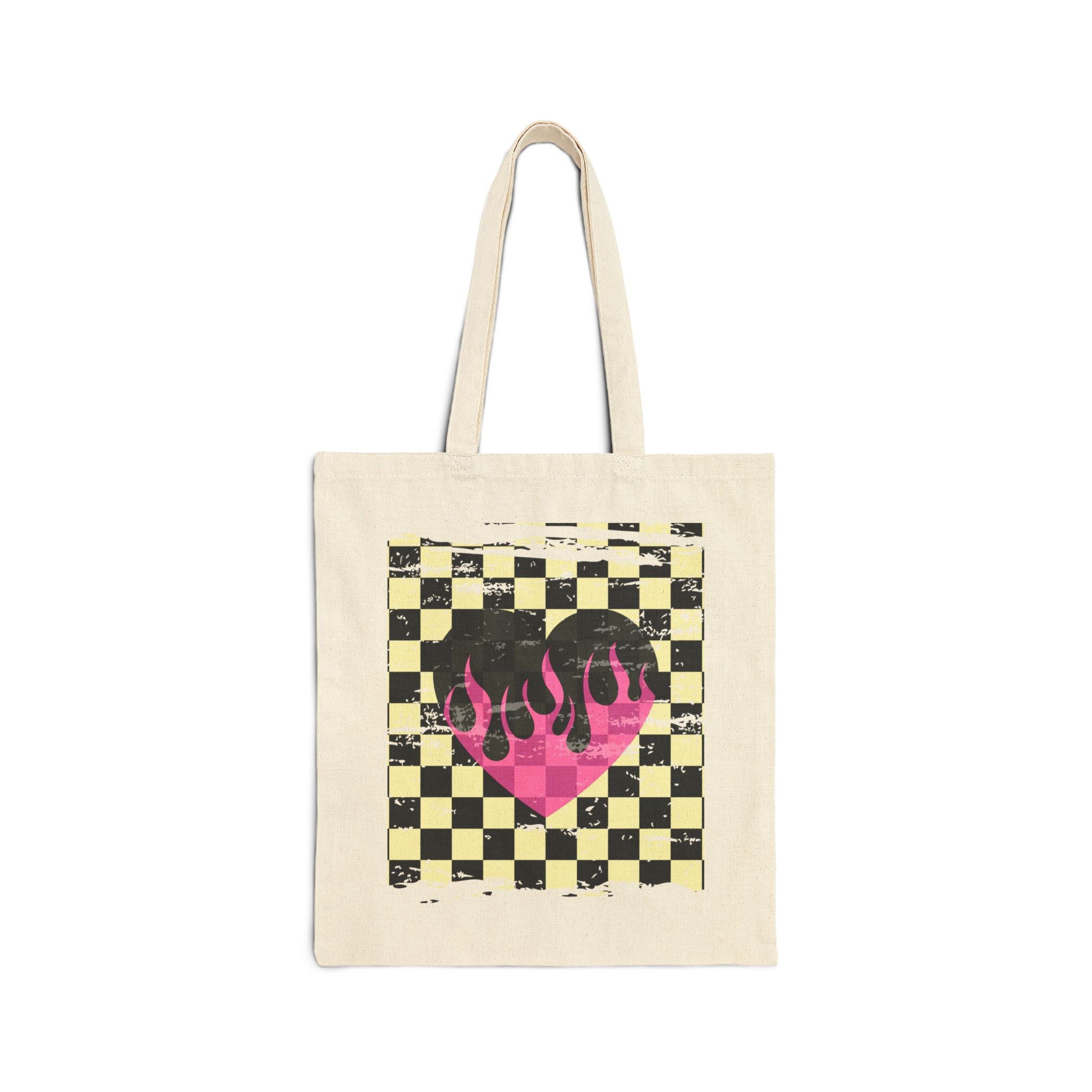 Checkerboard Flame Heart Tote Bag — Retro Pink Grunge Canvas Tote