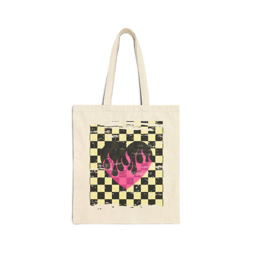 Checkerboard Flame Heart Tote Bag — Retro Pink Grunge Canvas Tote