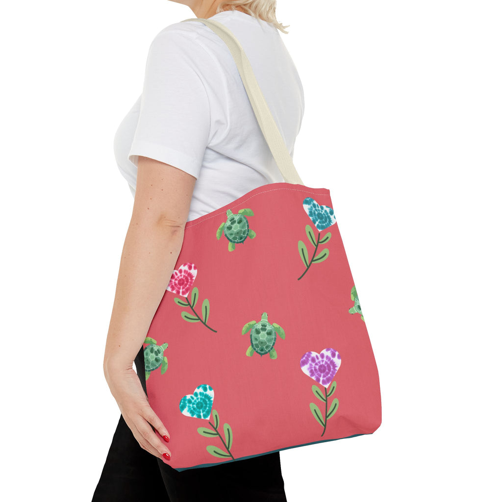 Dual Side Pink and Blue Turtles with Floral Tie Dye Hearts Tote Bag
