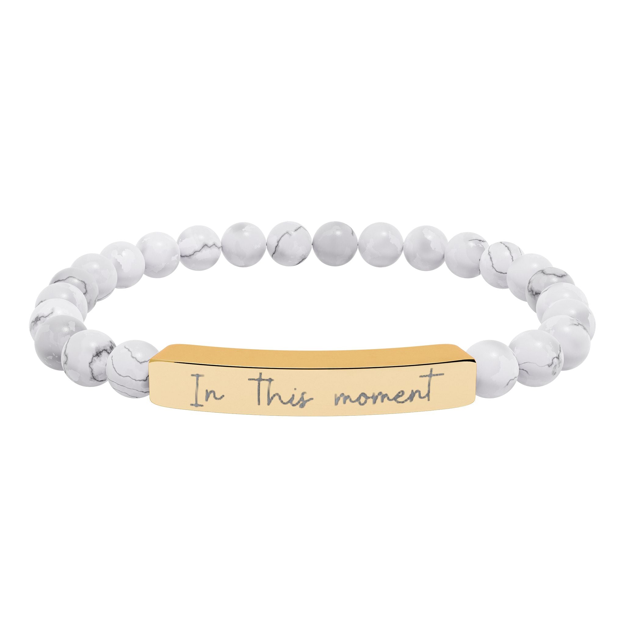 Engraved Natural Stone Bar Bracelet — Stretch Beaded Personalized Jewelry ("In this moment")