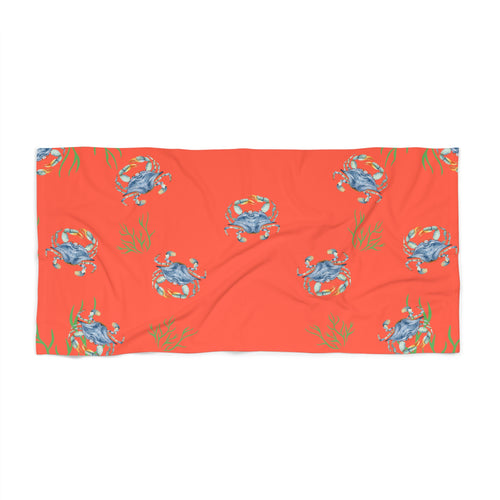 Coral Blue Crab Beach Towel — Nautical Summer Ocean Pattern