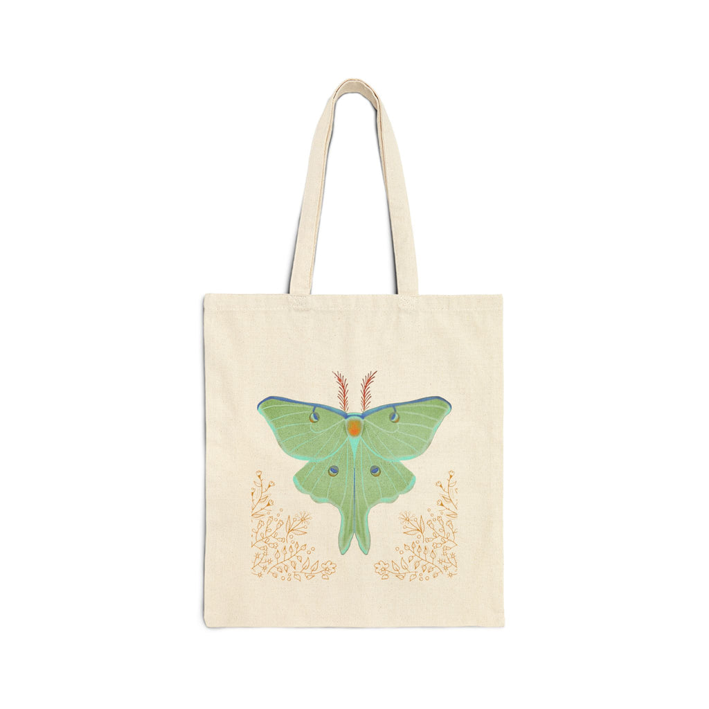 Luna Moth Cotton Canvas Tote Bag — Botanical Green Insect Illustration Tote