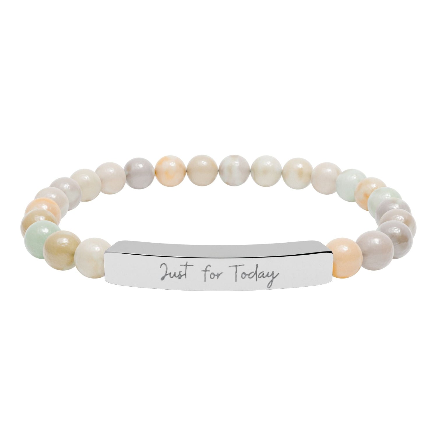Engraved Natural Stone Bar Bracelet — Stretch Beaded Personalized Jewelry ("Just for Today")