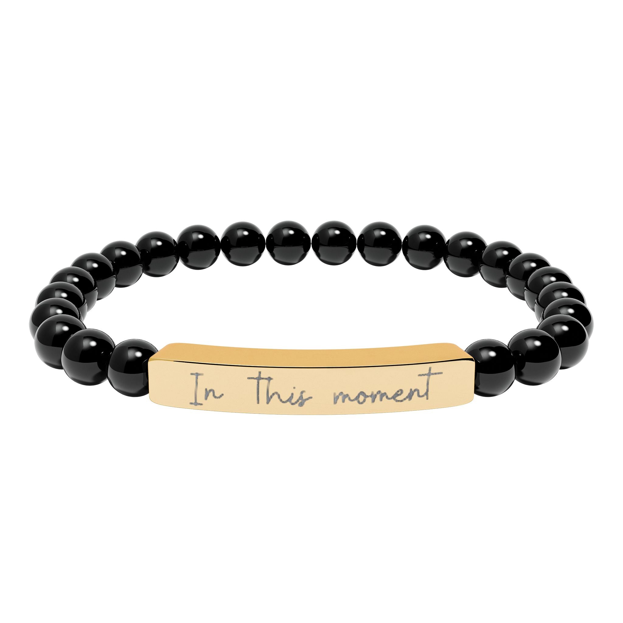 Engraved Natural Stone Bar Bracelet — Stretch Beaded Personalized Jewelry ("In this moment")