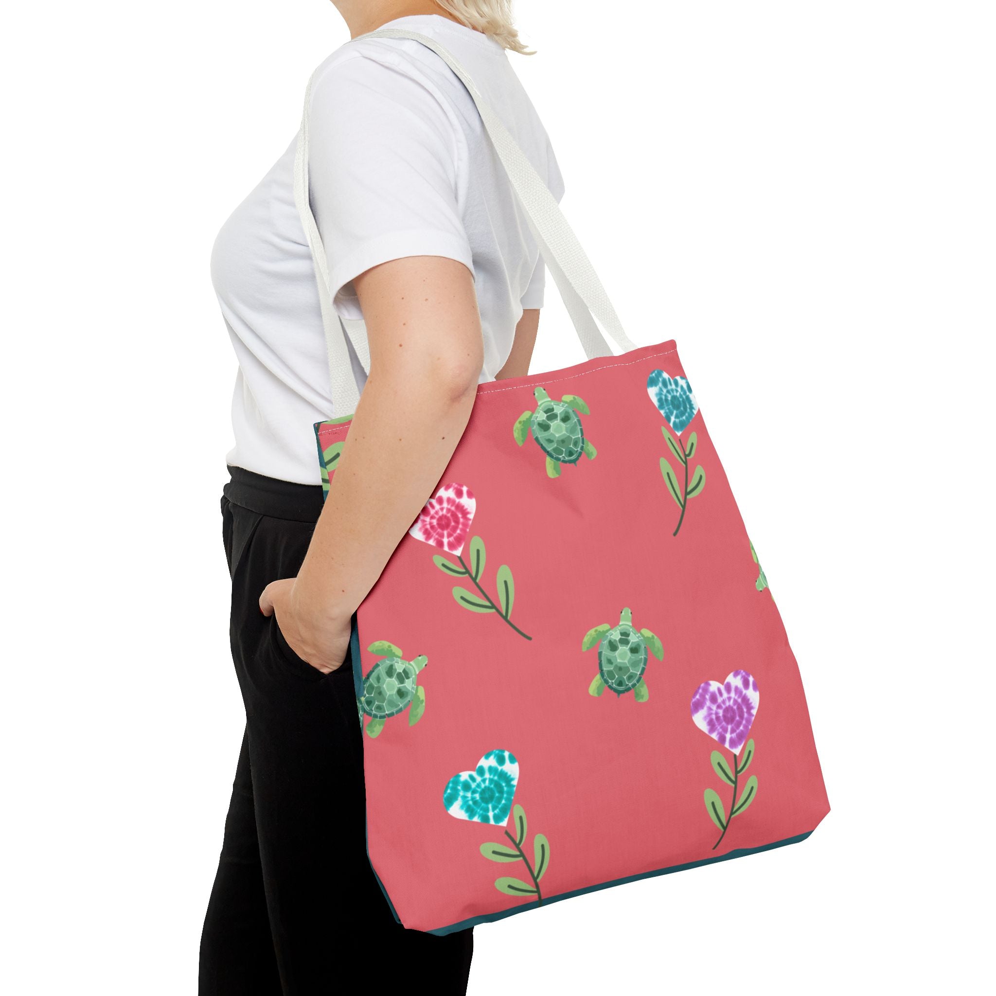 Dual Side Pink and Blue Turtles with Floral Tie Dye Hearts Tote Bag