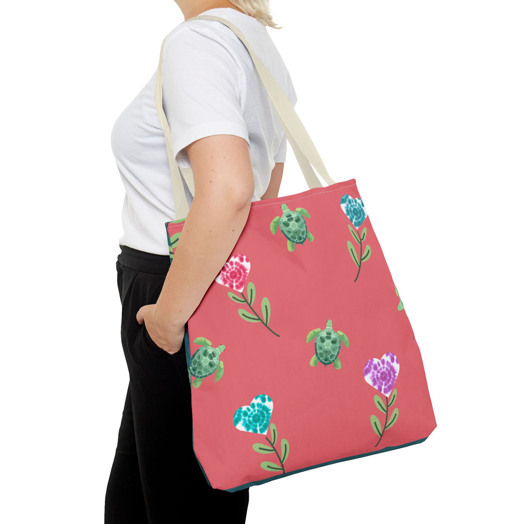 Dual Side Pink and Blue Turtles with Floral Tie Dye Hearts Tote Bag