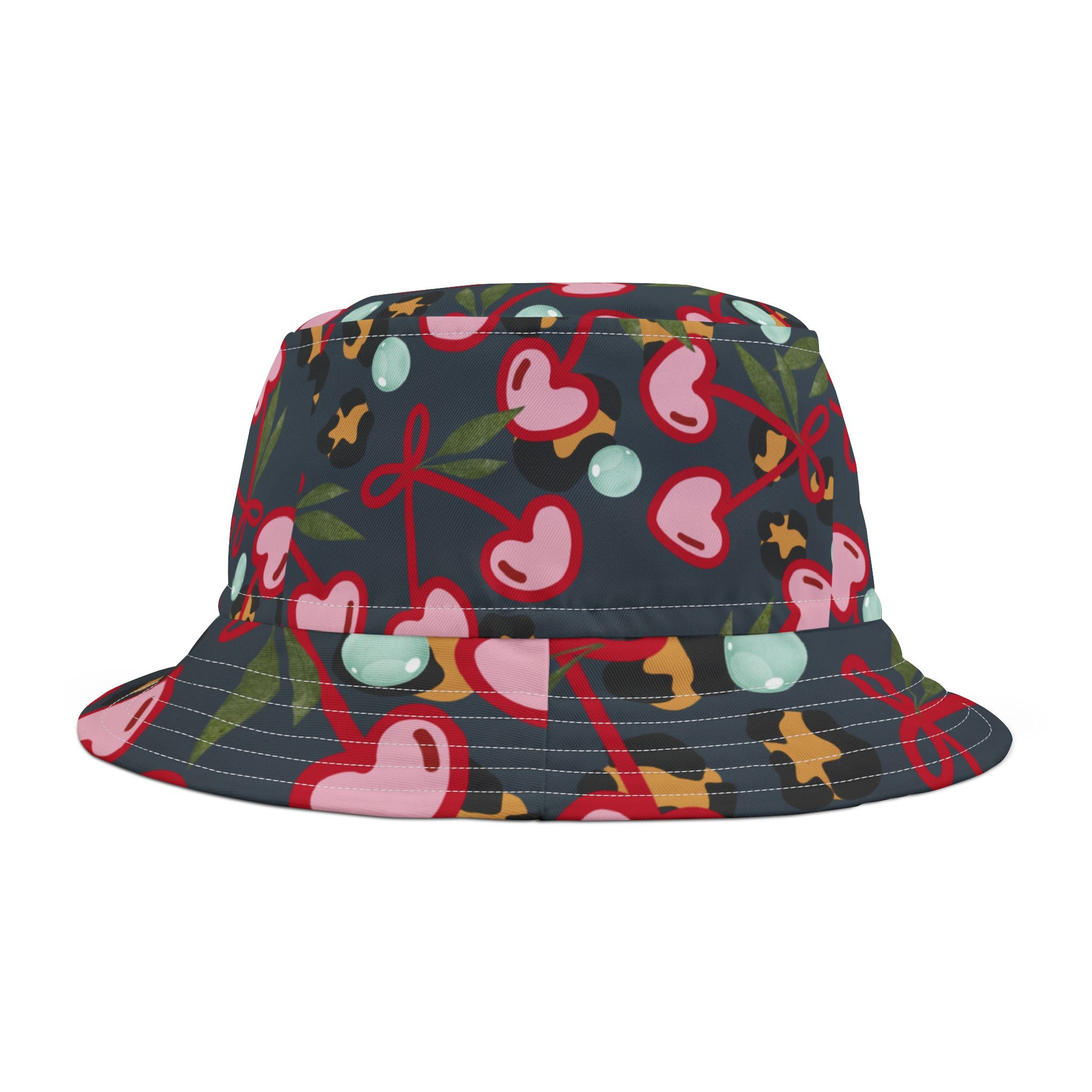 Cherry Hearts With Leopard Bucket Hat — Cute Retro Pattern Sun Hat (See Matching Bag)
