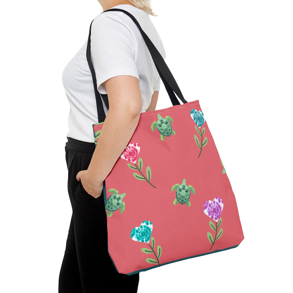 Dual Side Pink and Blue Turtles with Floral Tie Dye Hearts Tote Bag