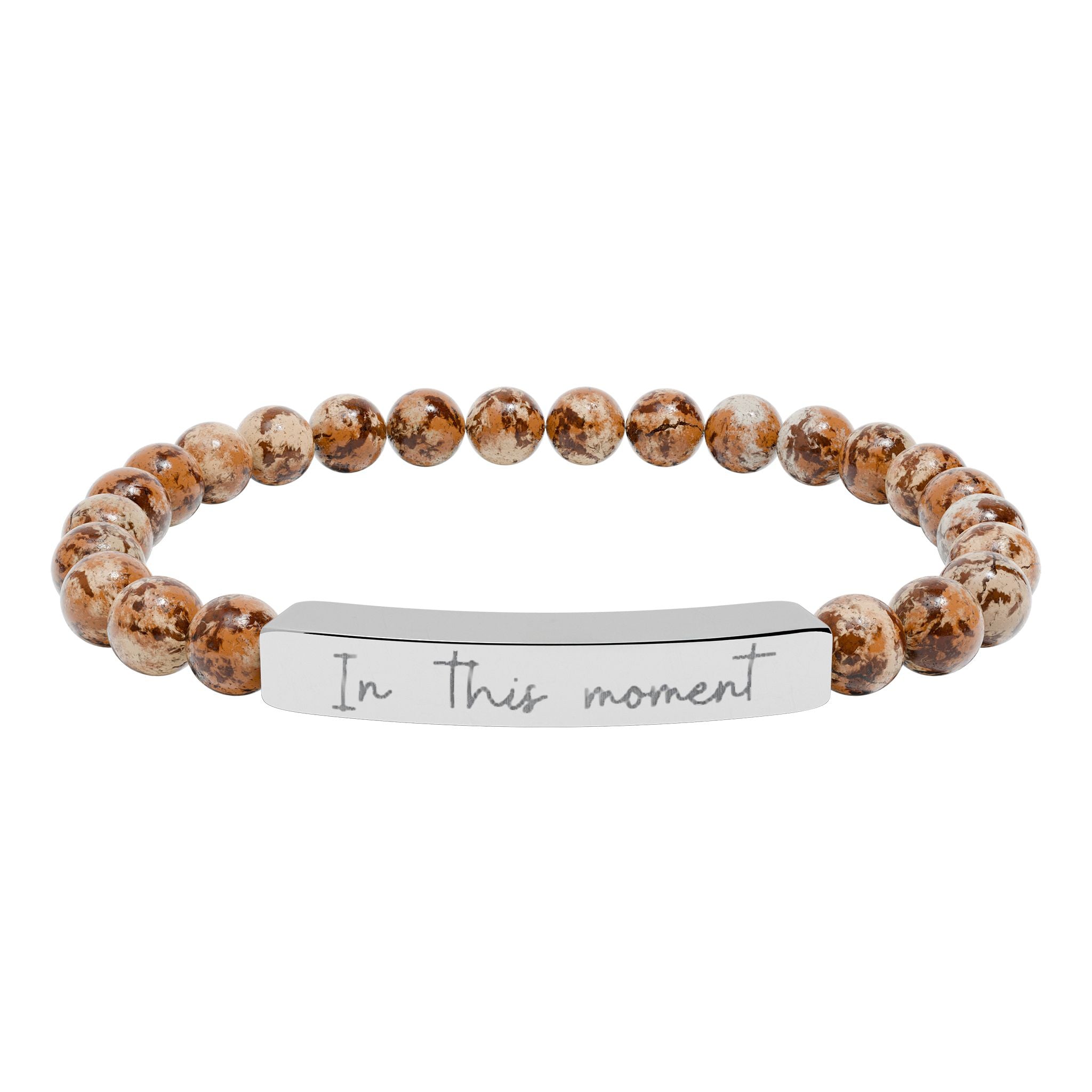Engraved Natural Stone Bar Bracelet — Stretch Beaded Personalized Jewelry ("In this moment")