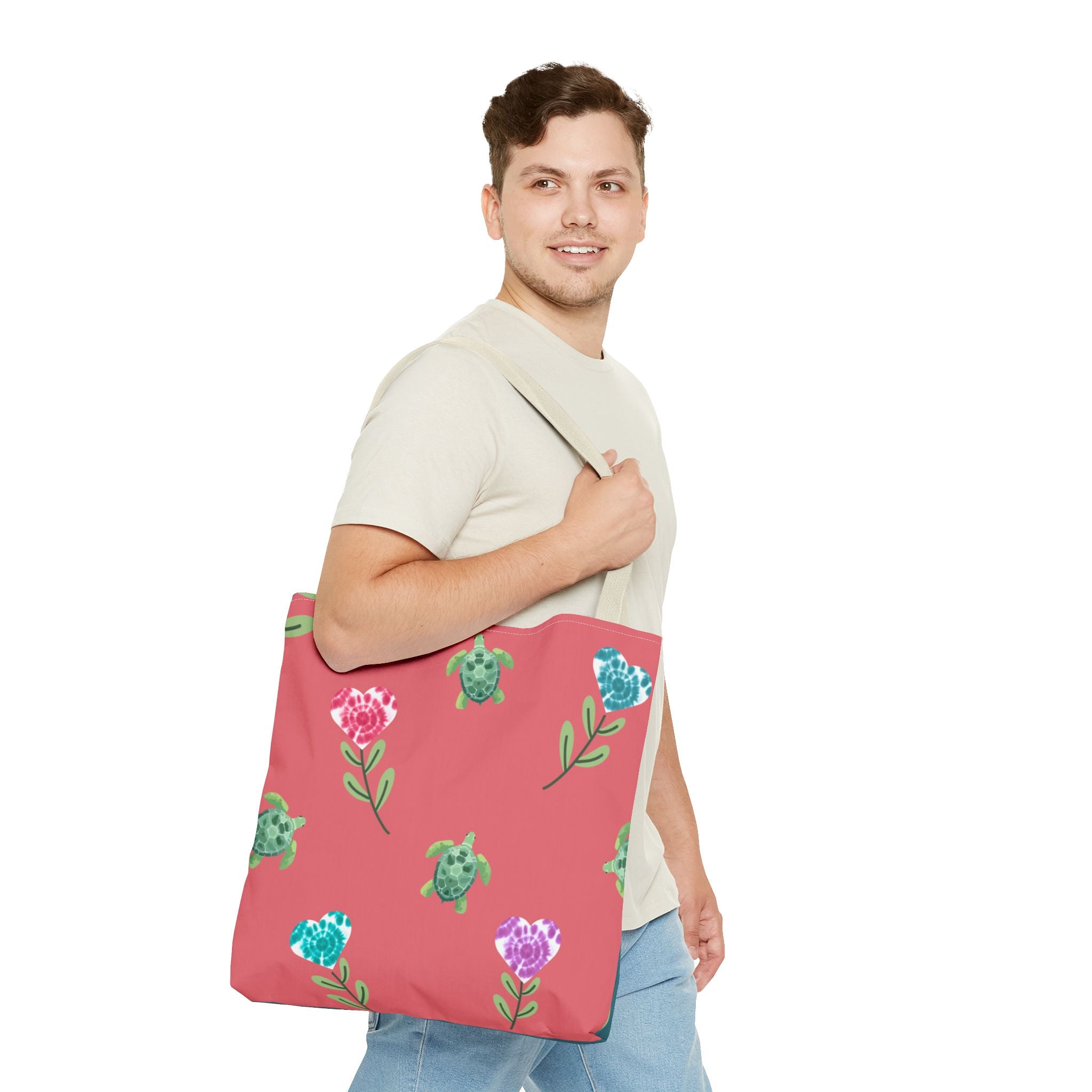 Dual Side Pink and Blue Turtles with Floral Tie Dye Hearts Tote Bag