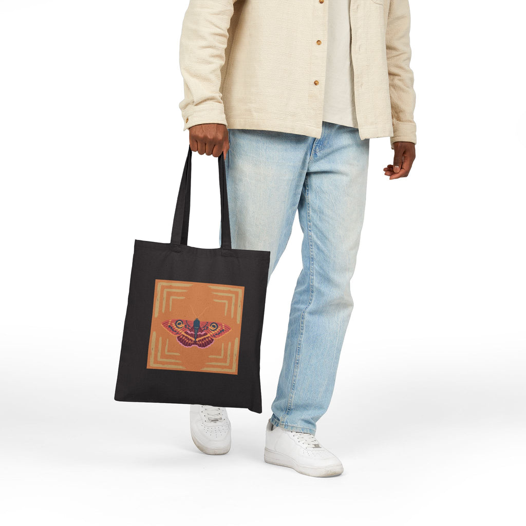 Cotton Canvas Tote Bag — Vintage Moth Graphic on Rust Geometric Square