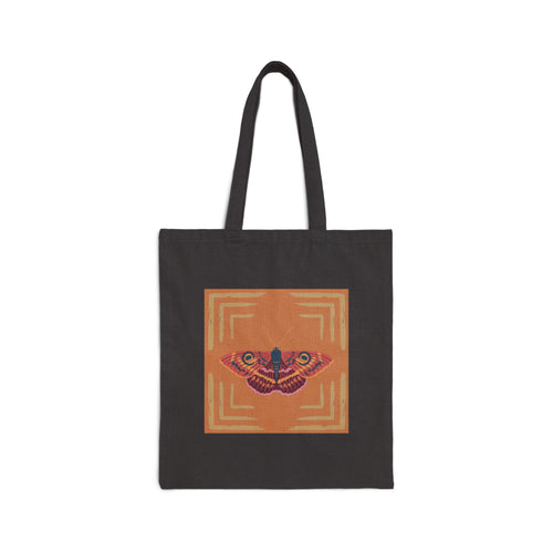 Cotton Canvas Tote Bag — Vintage Moth Graphic on Rust Geometric Square