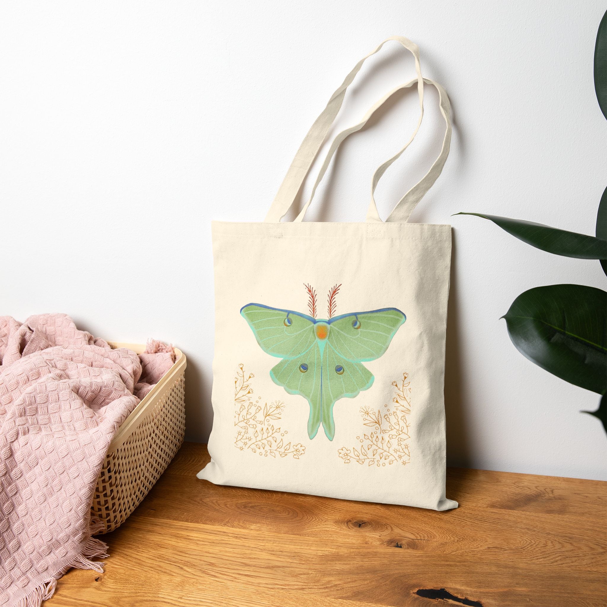 Luna Moth Cotton Canvas Tote Bag — Botanical Green Insect Illustration Tote