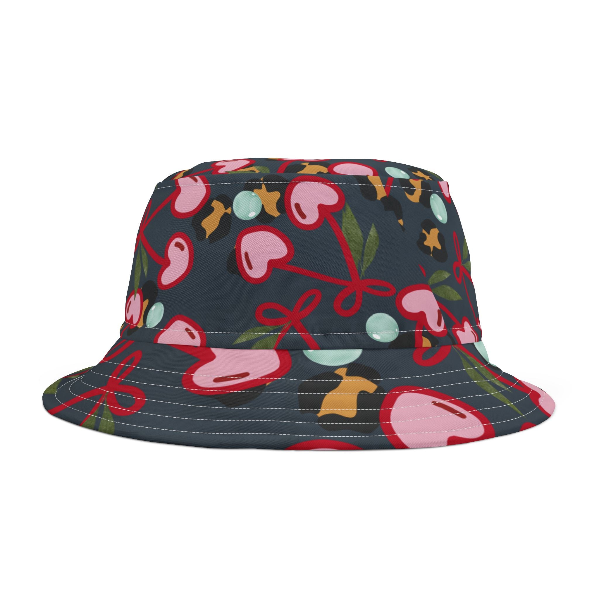 Cherry Hearts With Leopard Bucket Hat — Cute Retro Pattern Sun Hat (See Matching Bag)