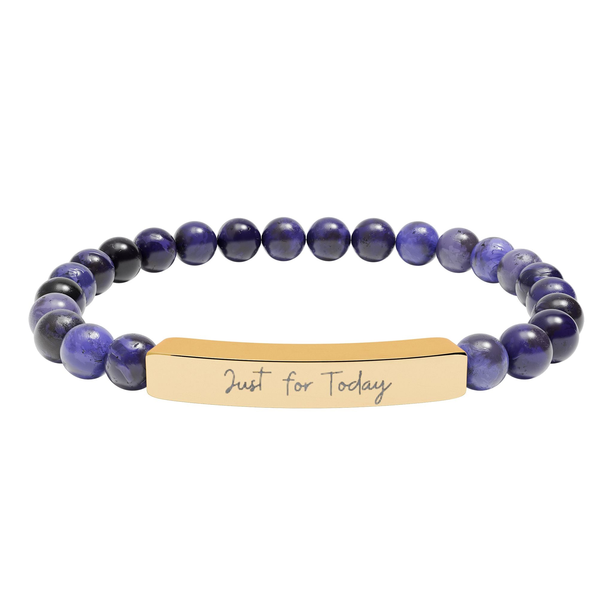 Engraved Natural Stone Bar Bracelet — Stretch Beaded Personalized Jewelry ("Just for Today")