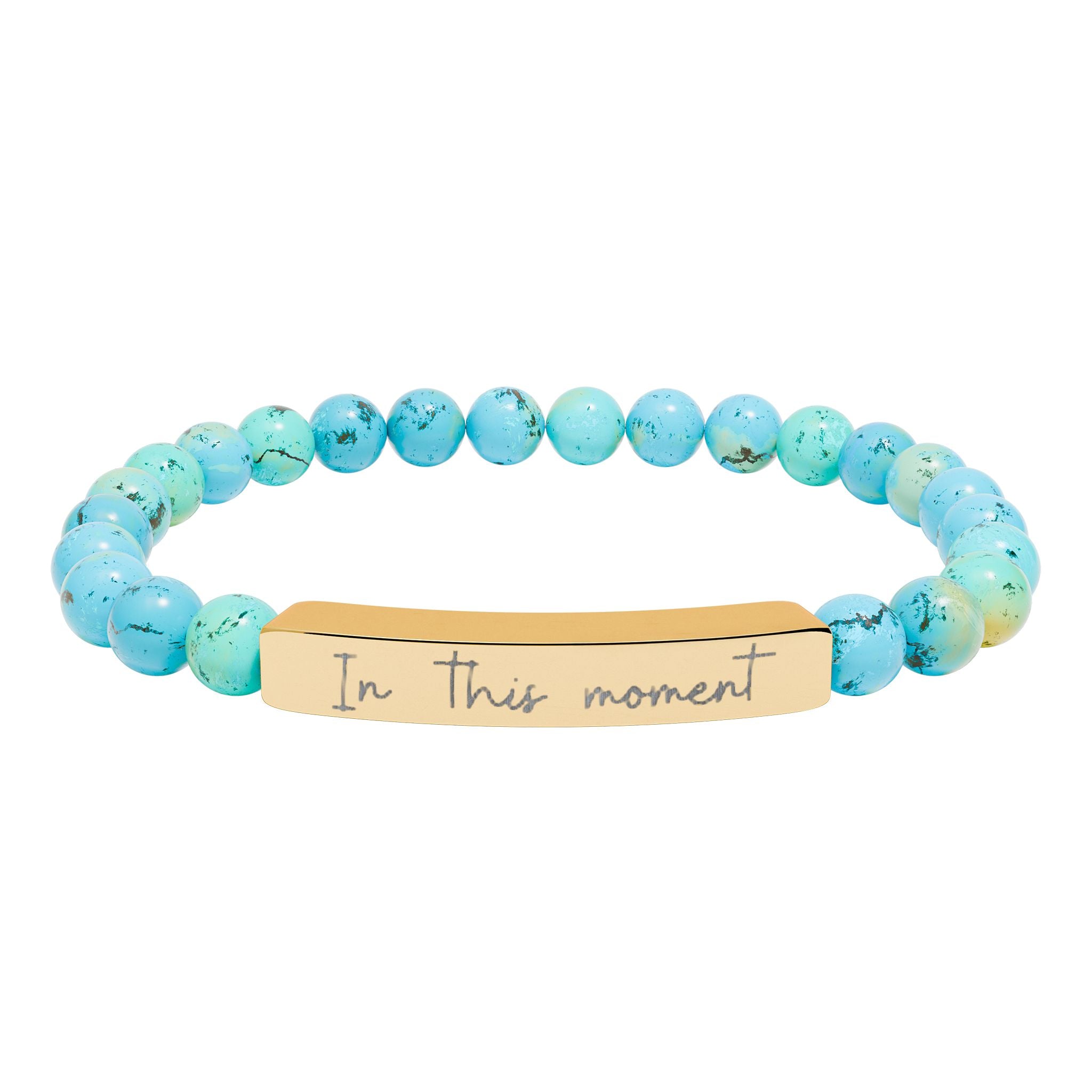 Engraved Natural Stone Bar Bracelet — Stretch Beaded Personalized Jewelry ("In this moment")