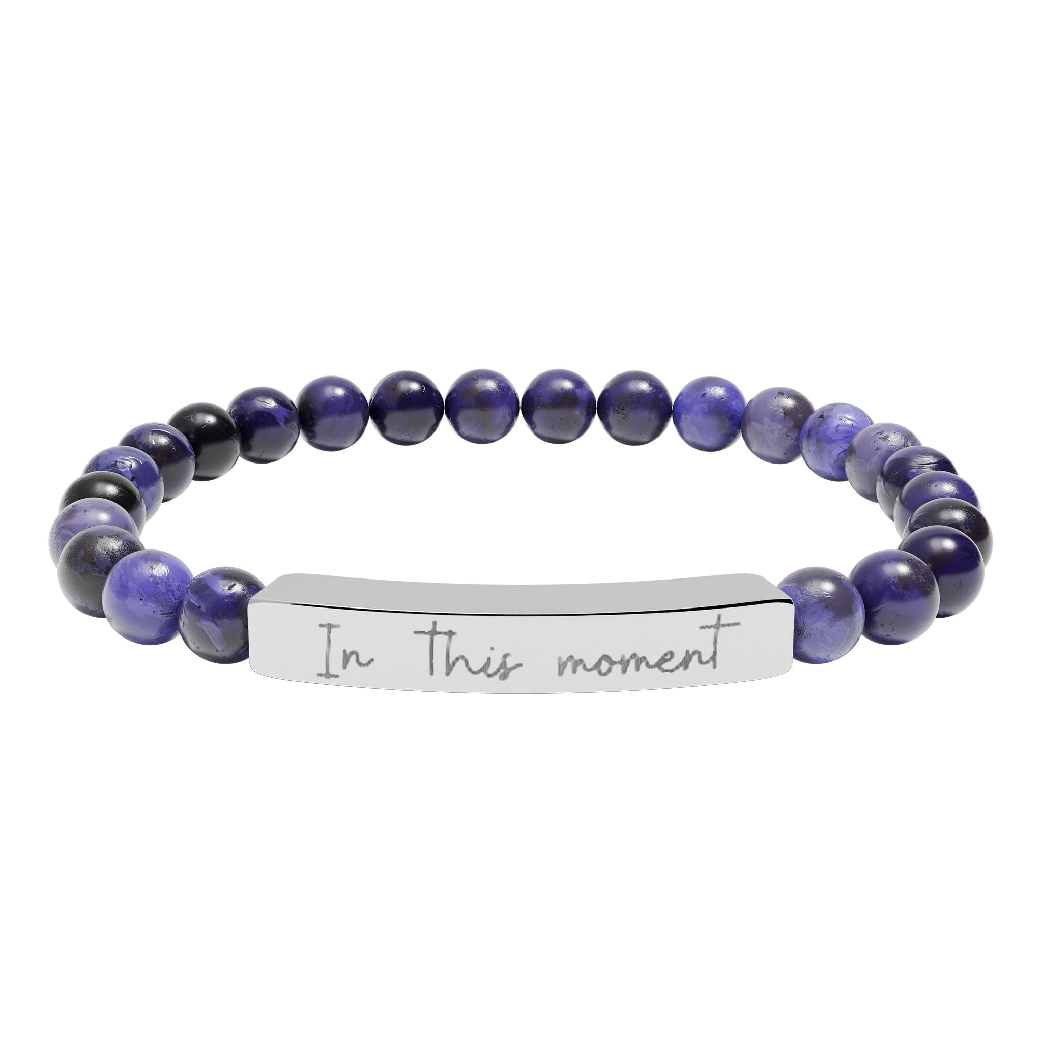 Engraved Natural Stone Bar Bracelet — Stretch Beaded Personalized Jewelry ("In this moment")