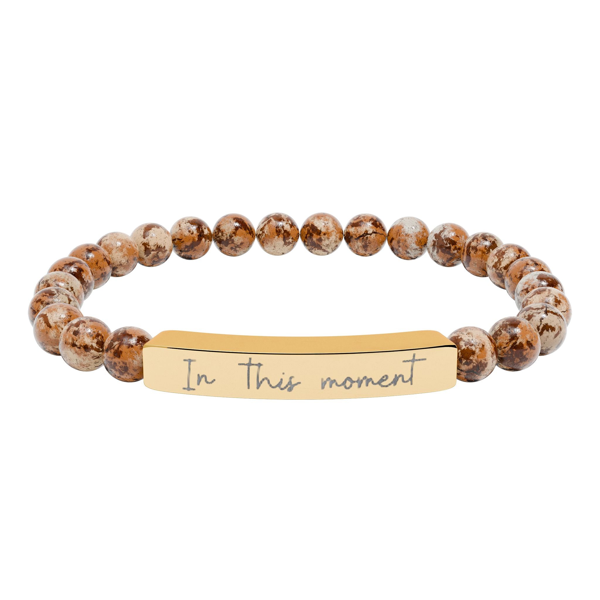 Engraved Natural Stone Bar Bracelet — Stretch Beaded Personalized Jewelry ("In this moment")