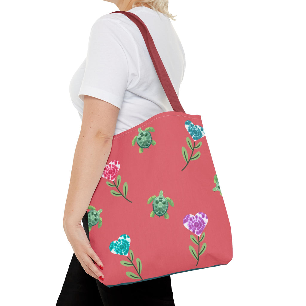 Dual Side Pink and Blue Turtles with Floral Tie Dye Hearts Tote Bag
