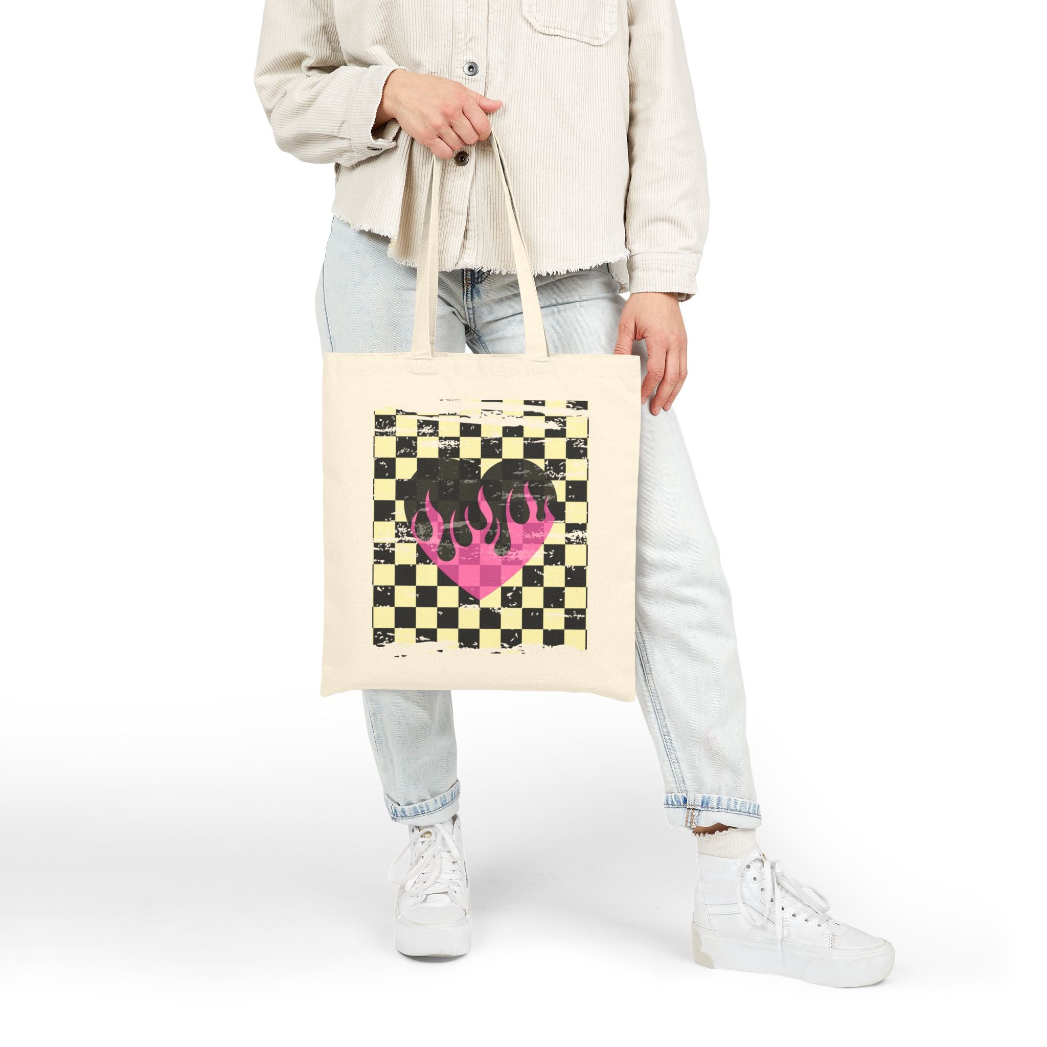 Checkerboard Flame Heart Tote Bag — Retro Pink Grunge Canvas Tote