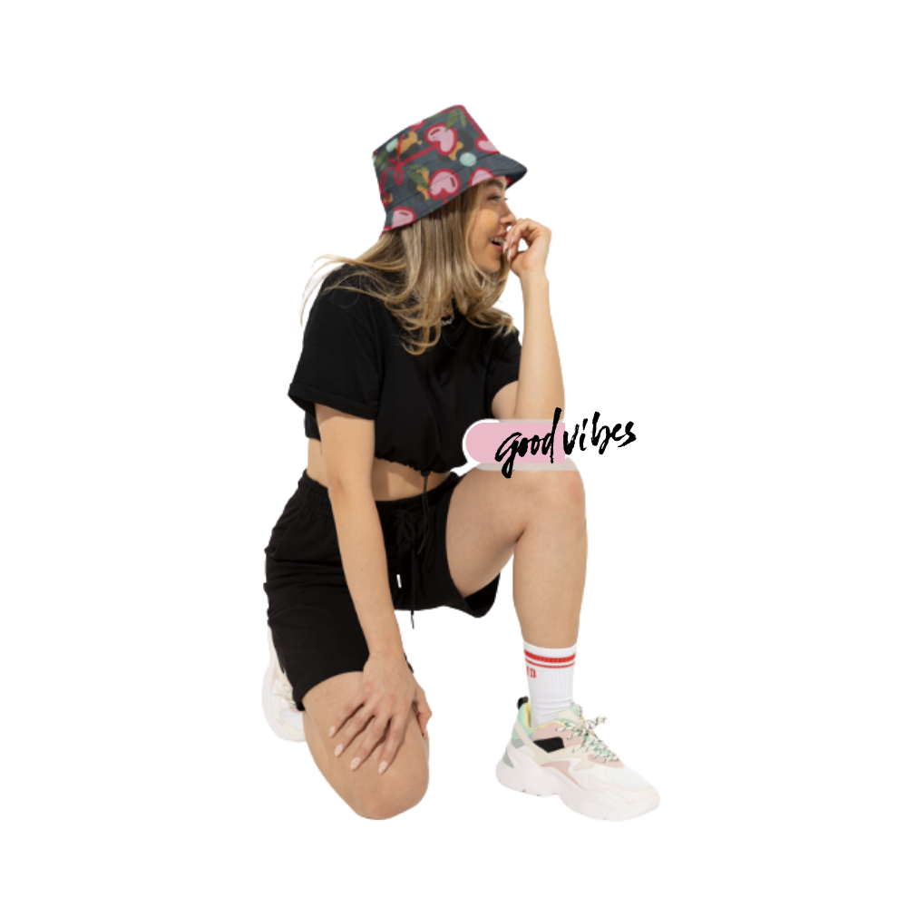 Cherry Hearts With Leopard Bucket Hat — Cute Retro Pattern Sun Hat (See Matching Bag)