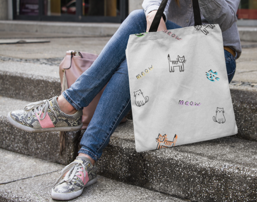 Cute "Meow" Cat Doodle Tote Bag for Cat Mom's and Pet Lovers