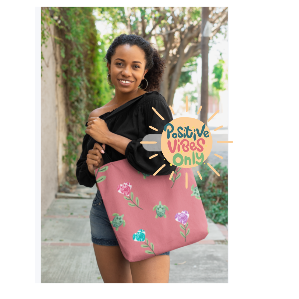 Dual Side Pink and Blue Turtles with Floral Tie Dye Hearts Tote Bag