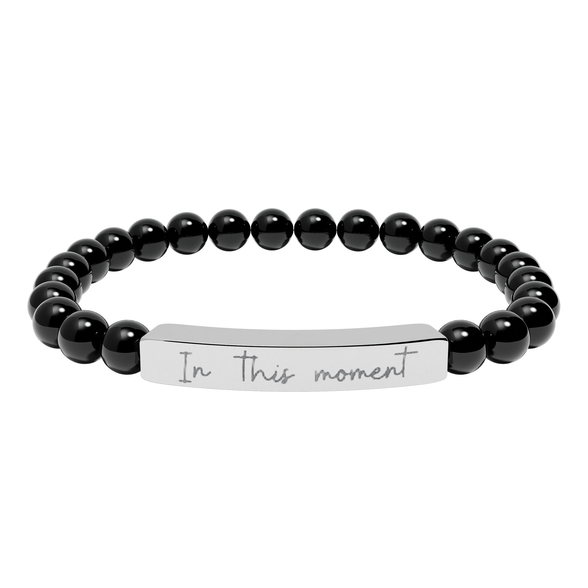 Engraved Natural Stone Bar Bracelet — Stretch Beaded Personalized Jewelry ("In this moment")