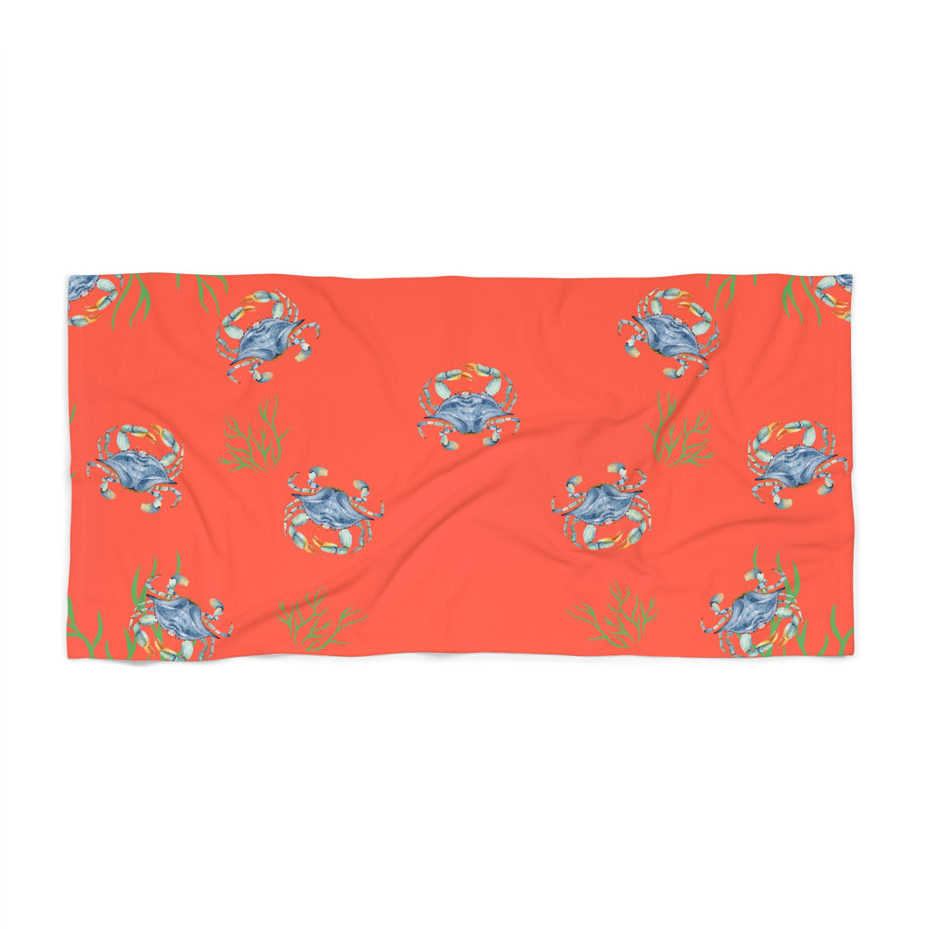 Coral Blue Crab Beach Towel — Nautical Summer Ocean Pattern