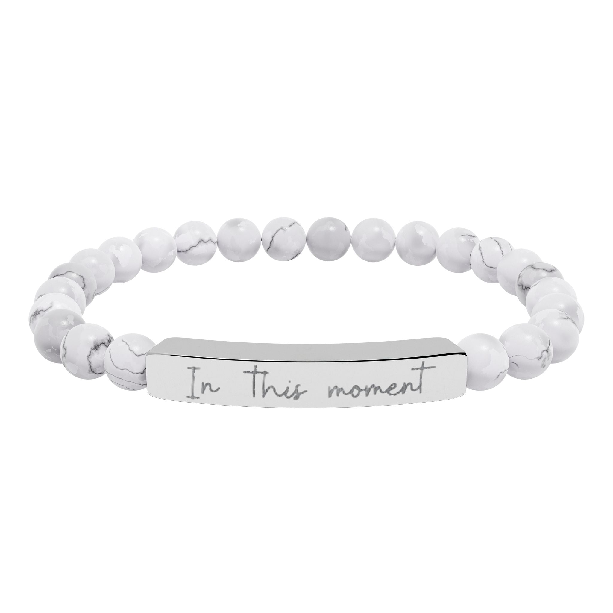 Engraved Natural Stone Bar Bracelet — Stretch Beaded Personalized Jewelry ("In this moment")