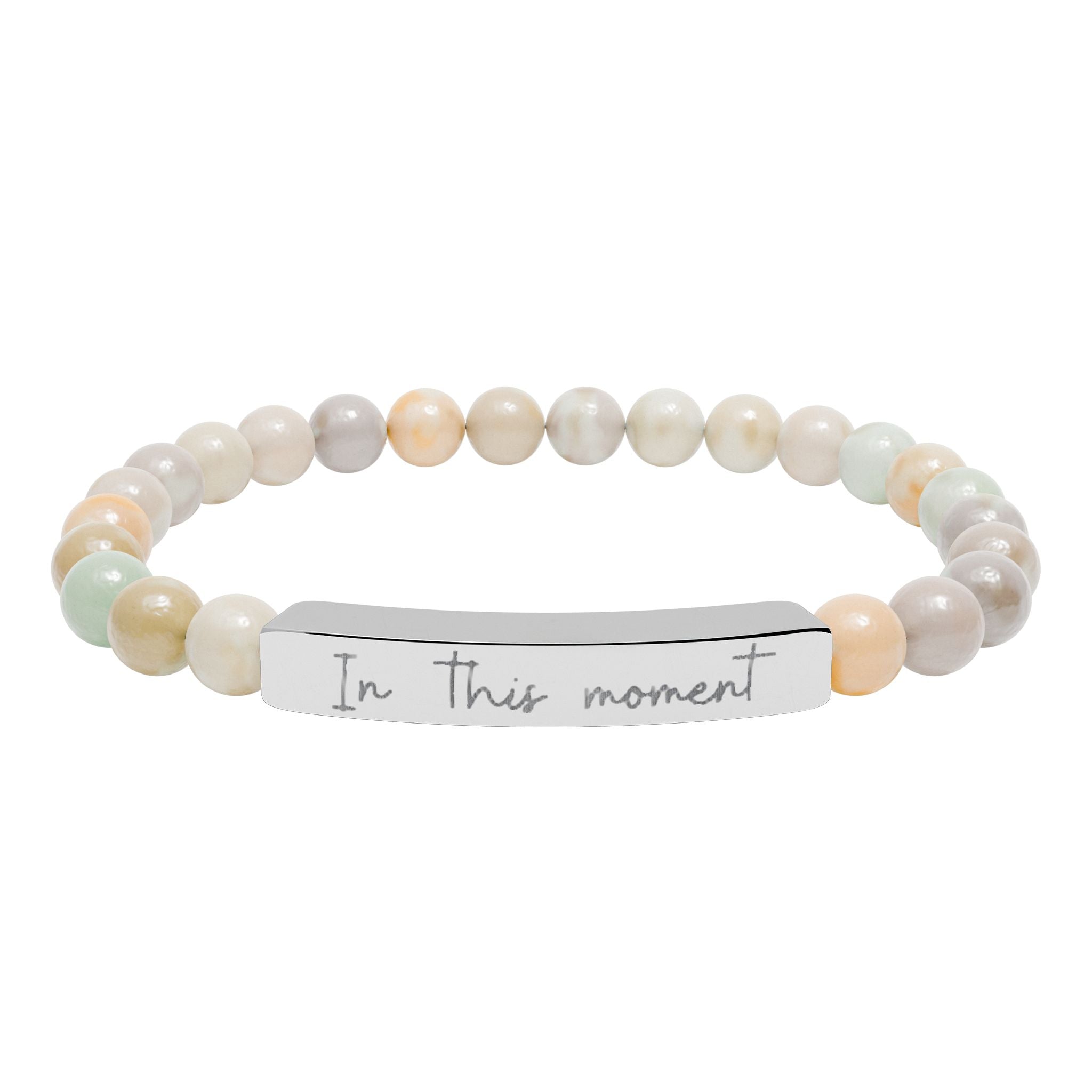 Engraved Natural Stone Bar Bracelet — Stretch Beaded Personalized Jewelry ("In this moment")