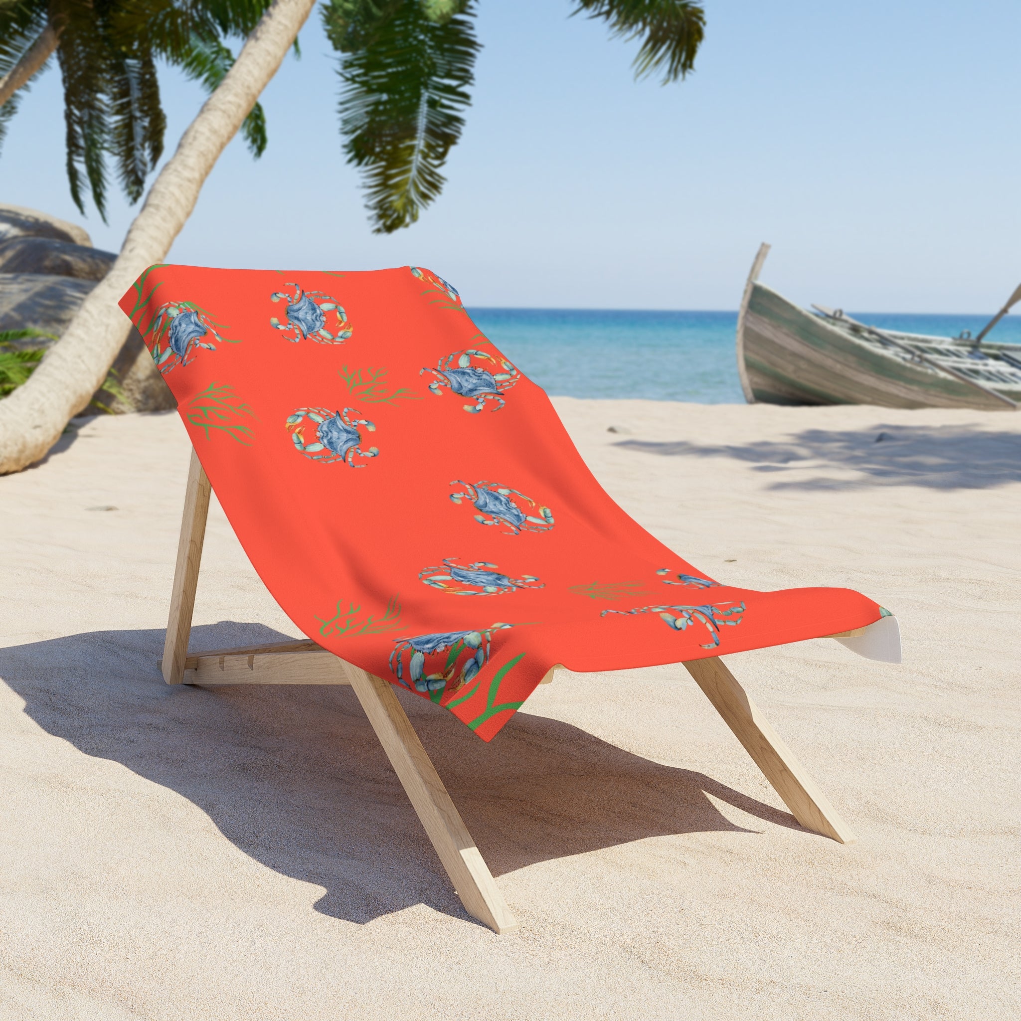 Coral Blue Crab Beach Towel — Nautical Summer Ocean Pattern