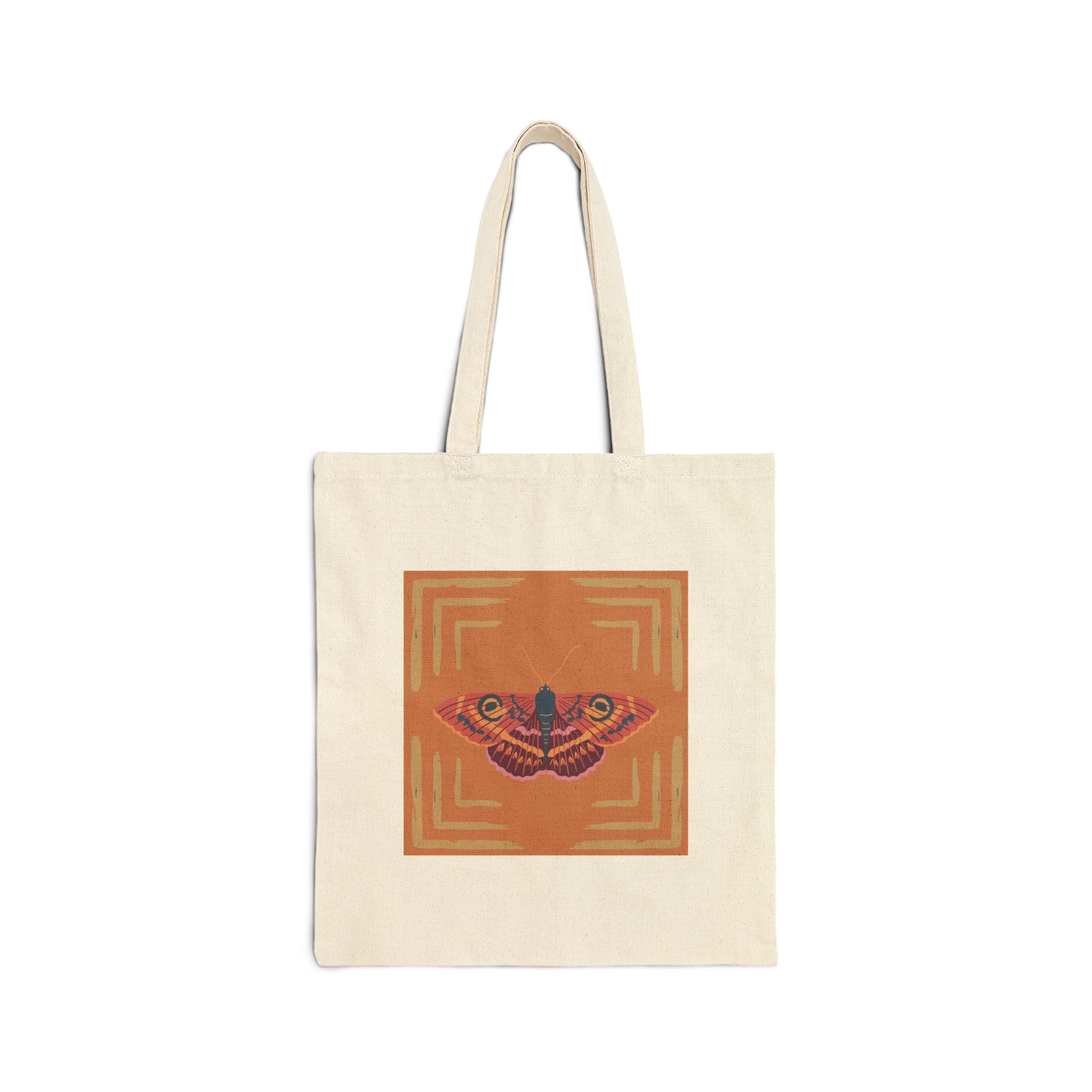 Cotton Canvas Tote Bag — Vintage Moth Graphic on Rust Geometric Square