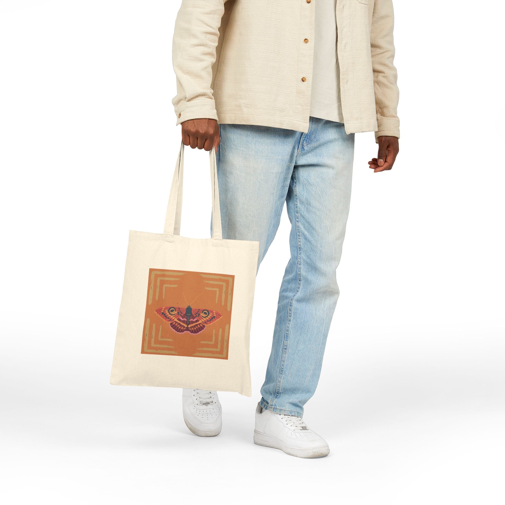 Cotton Canvas Tote Bag — Vintage Moth Graphic on Rust Geometric Square
