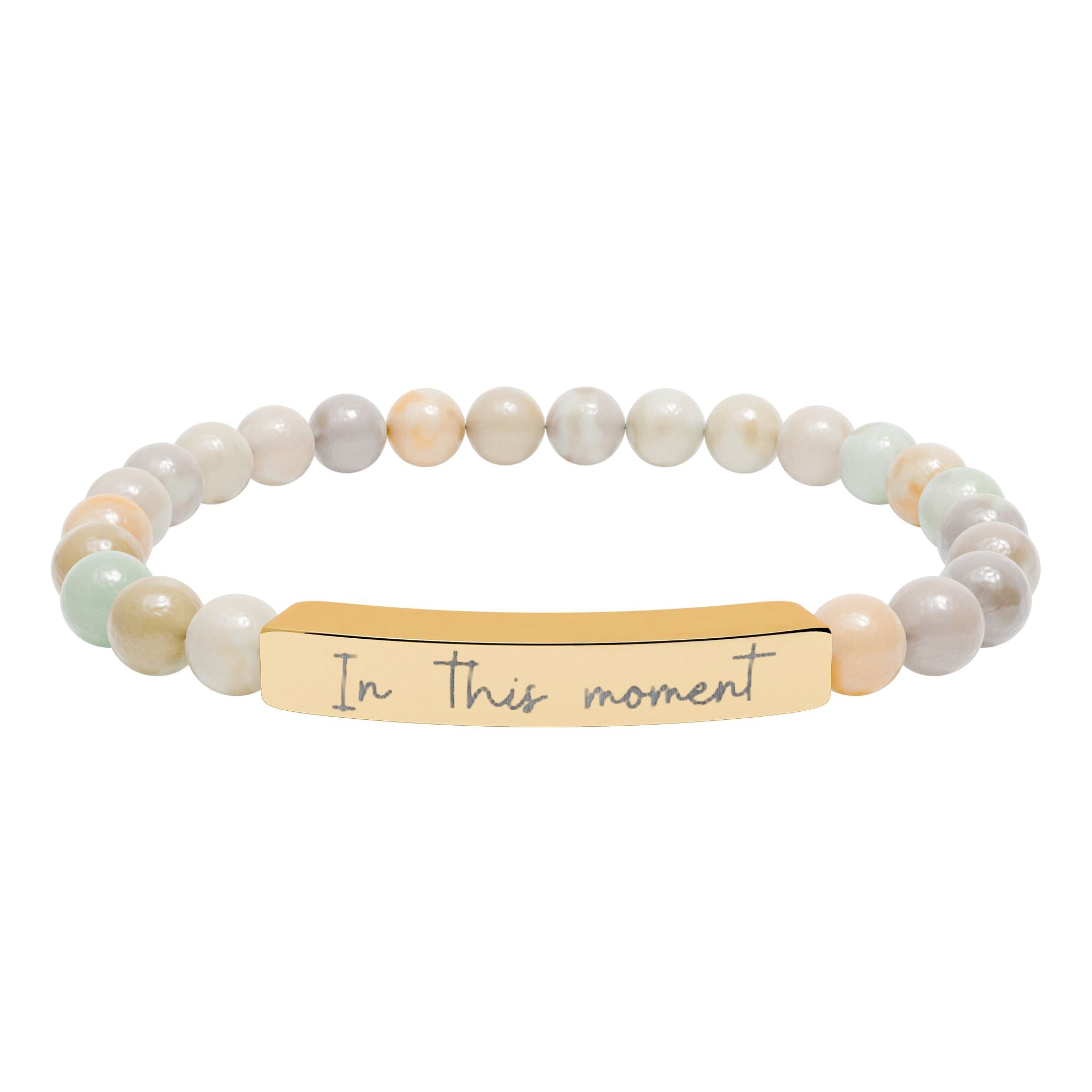 Engraved Natural Stone Bar Bracelet — Stretch Beaded Personalized Jewelry ("In this moment")