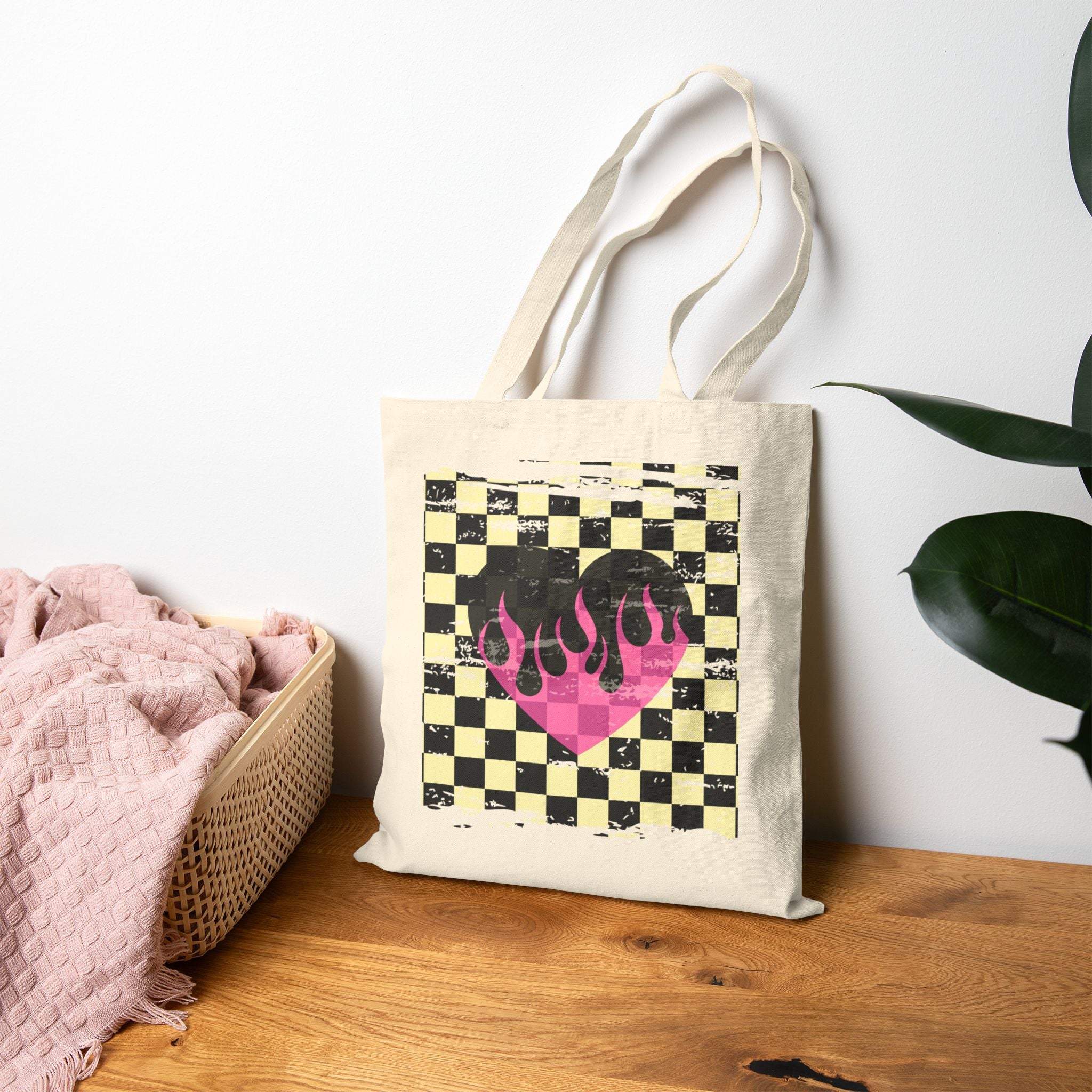 Checkerboard Flame Heart Tote Bag — Retro Pink Grunge Canvas Tote