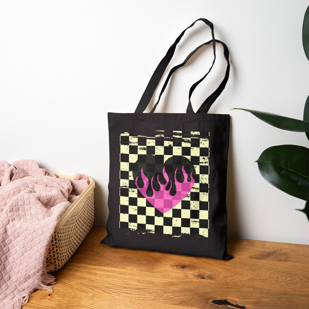 Checkerboard Flame Heart Tote Bag — Retro Pink Grunge Canvas Tote
