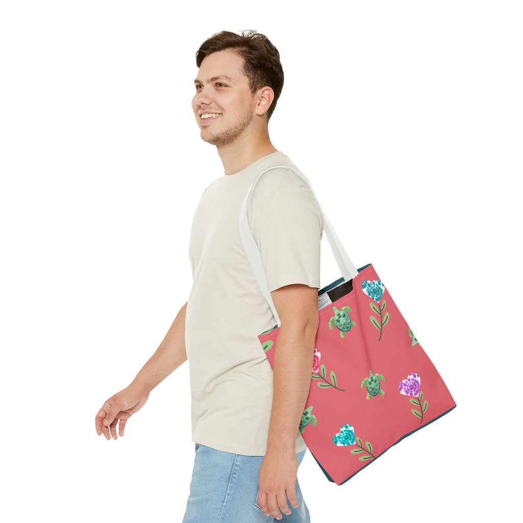 Dual Side Pink and Blue Turtles with Floral Tie Dye Hearts Tote Bag