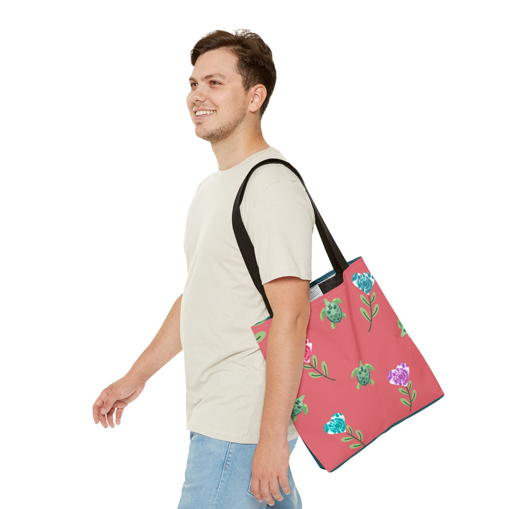 Dual Side Pink and Blue Turtles with Floral Tie Dye Hearts Tote Bag