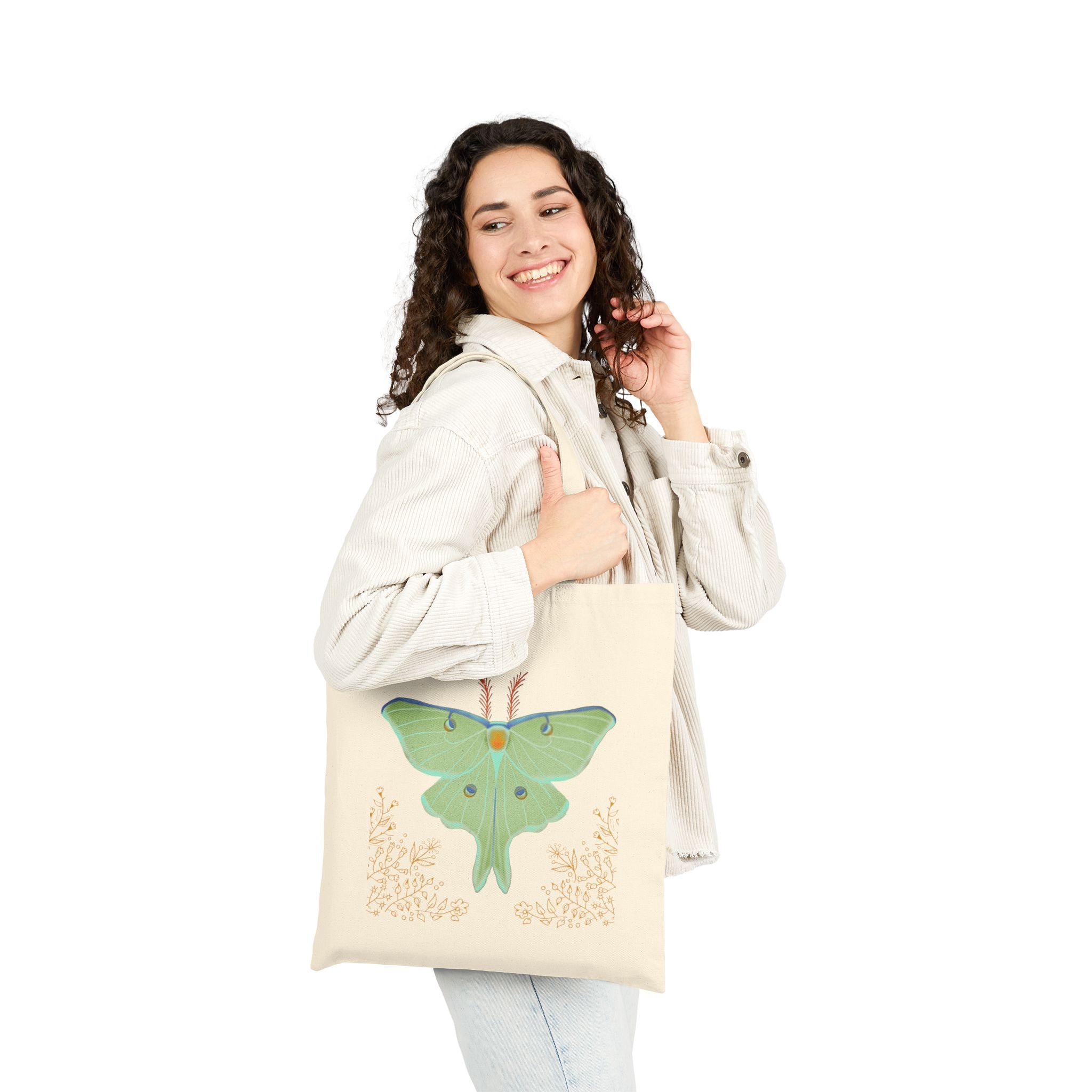 Luna Moth Cotton Canvas Tote Bag — Botanical Green Insect Illustration Tote