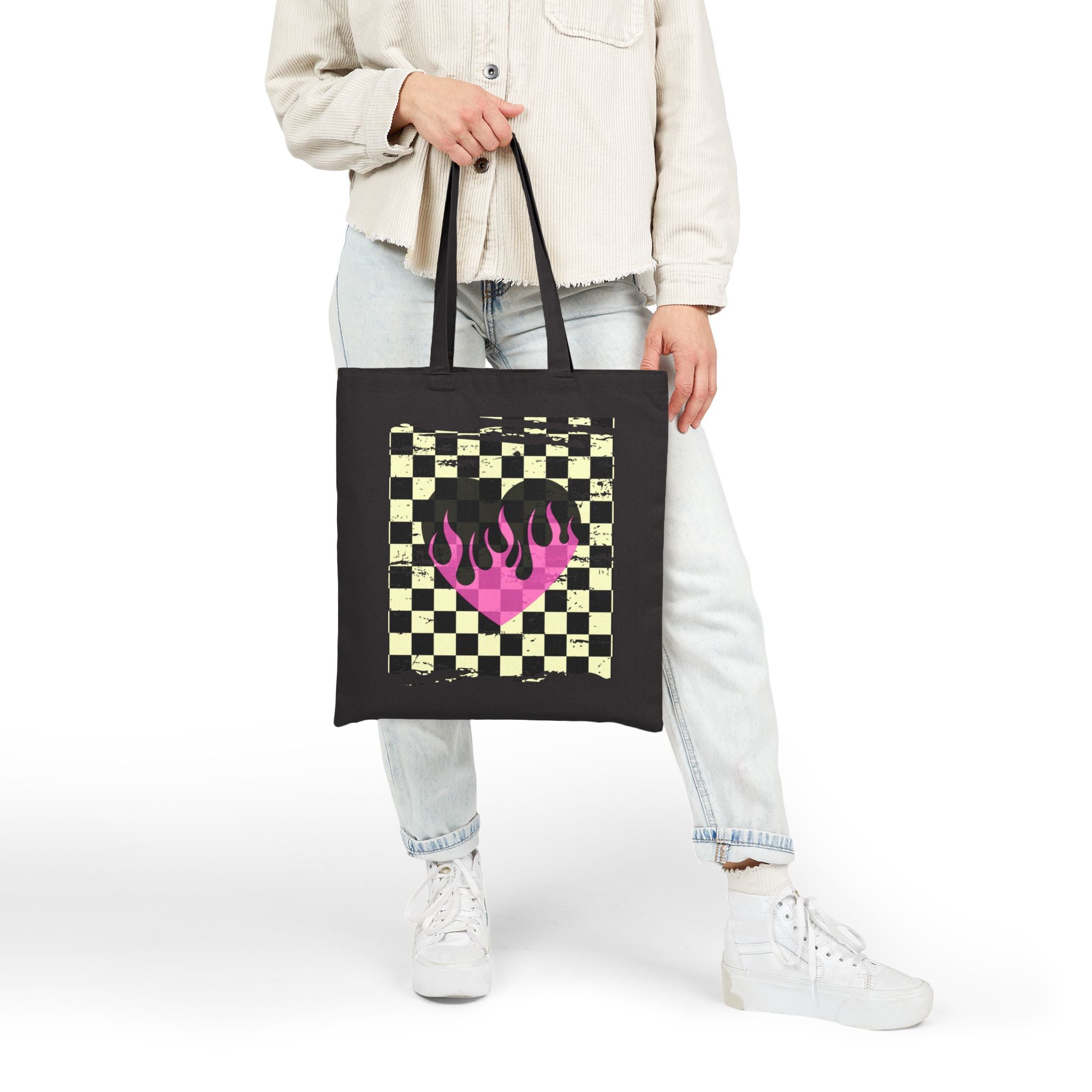 Checkerboard Flame Heart Tote Bag — Retro Pink Grunge Canvas Tote