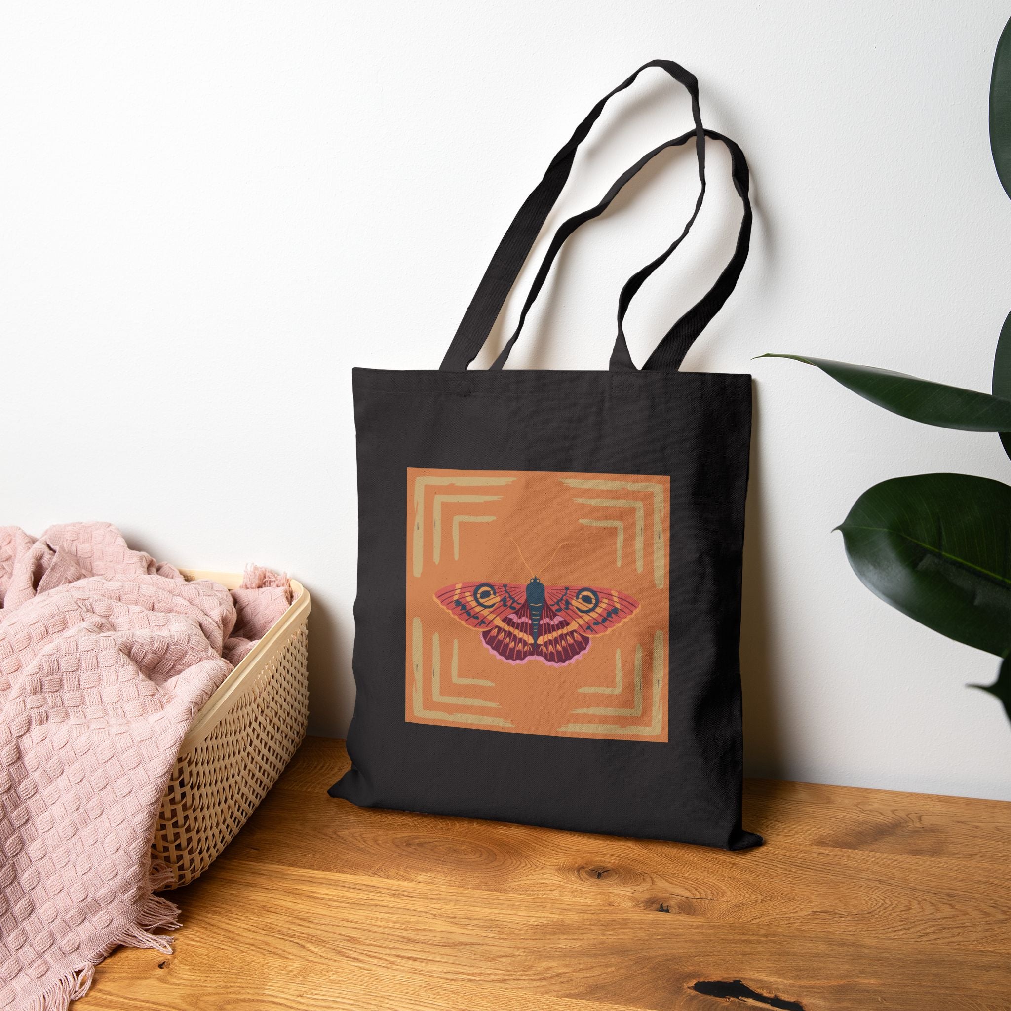Cotton Canvas Tote Bag — Vintage Moth Graphic on Rust Geometric Square