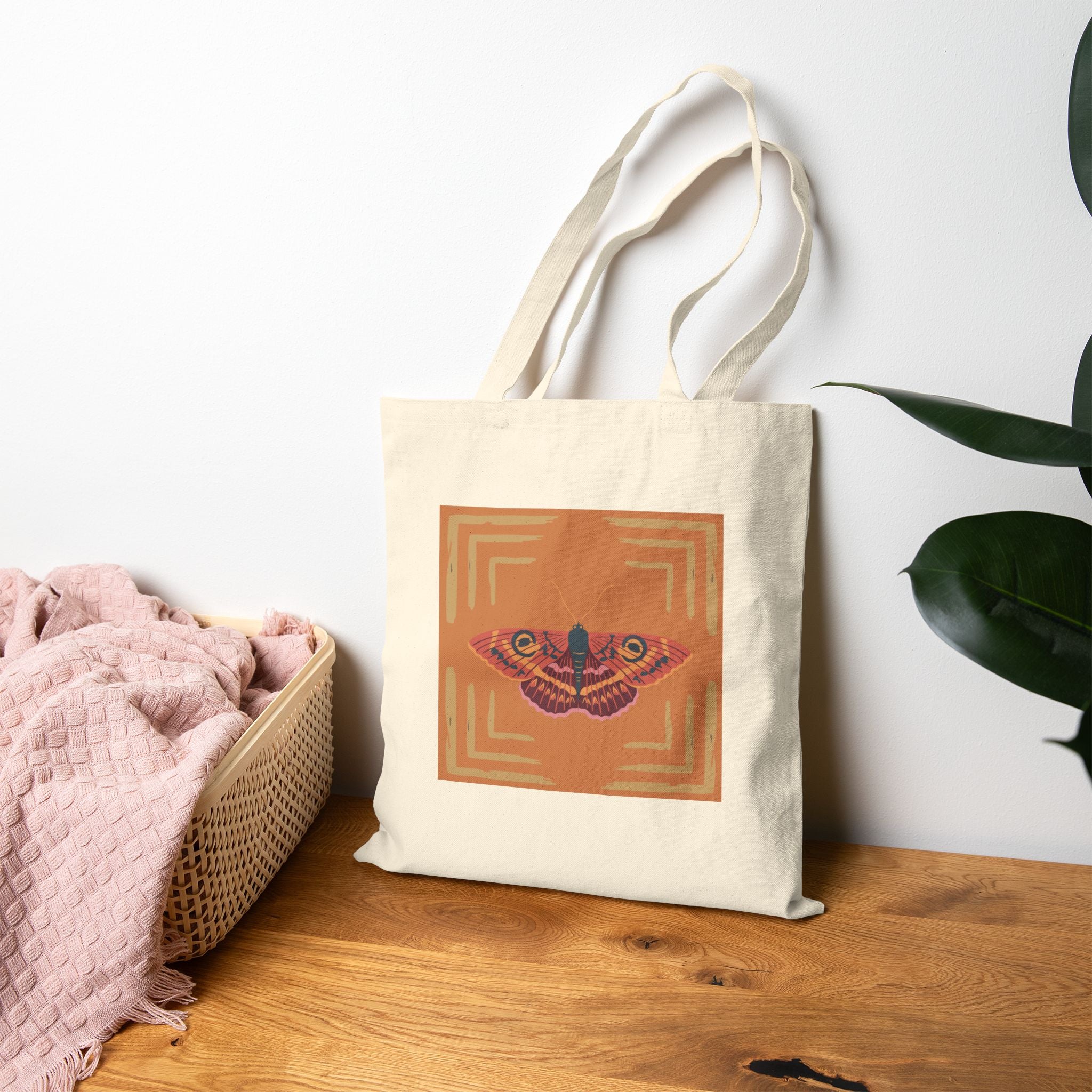 Cotton Canvas Tote Bag — Vintage Moth Graphic on Rust Geometric Square